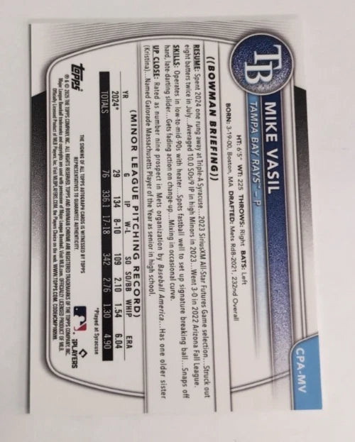 2024 - MLB Bowman Chrome Prospects Autographs - Mike Vasil CPA-MV Auto