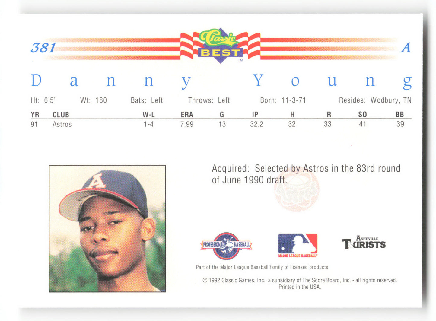 Danny Young - #381 - 1992 Classic Best - MLB