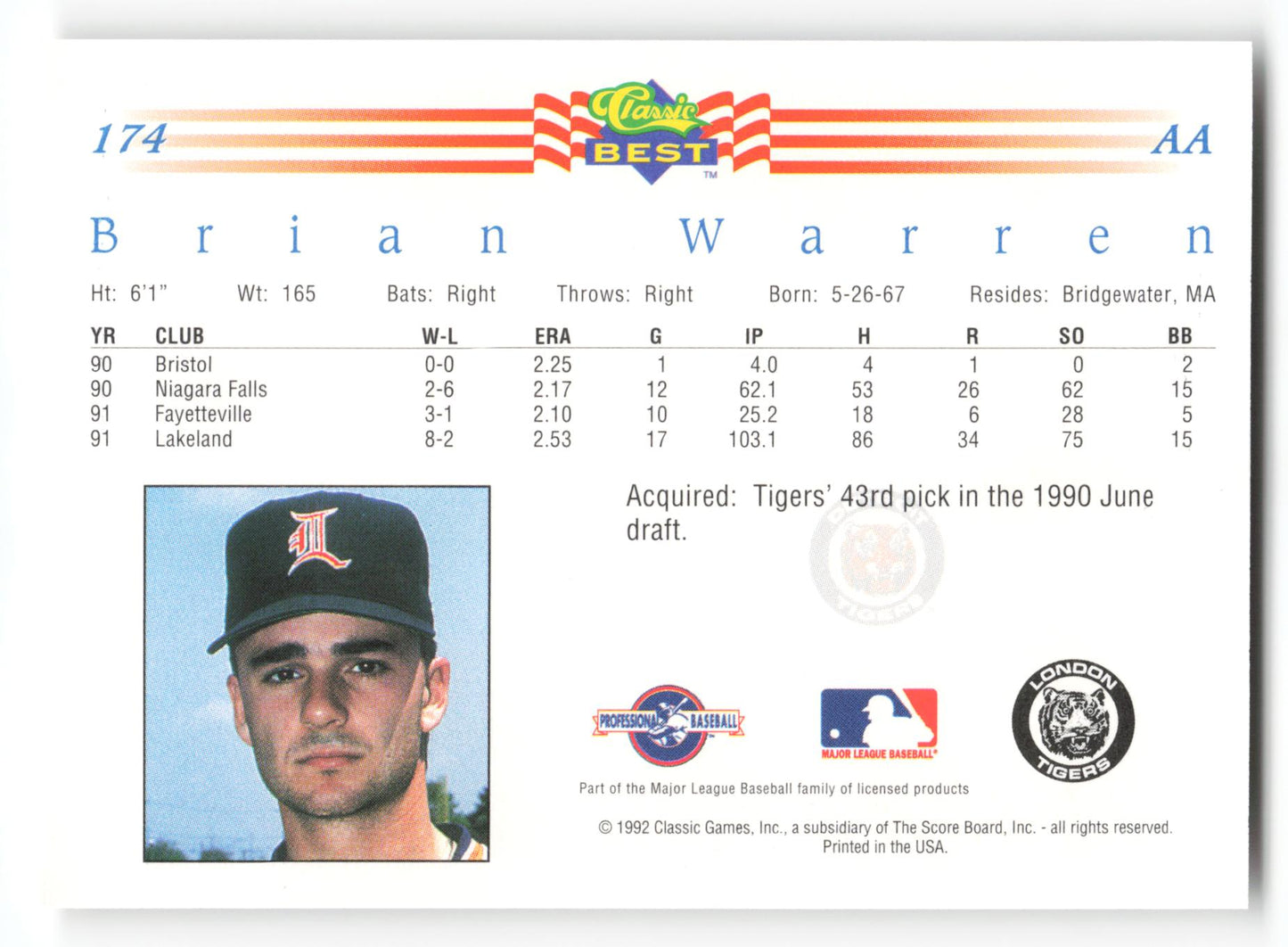 Brian Warren - #174 - 1992 Classic Best - MLB