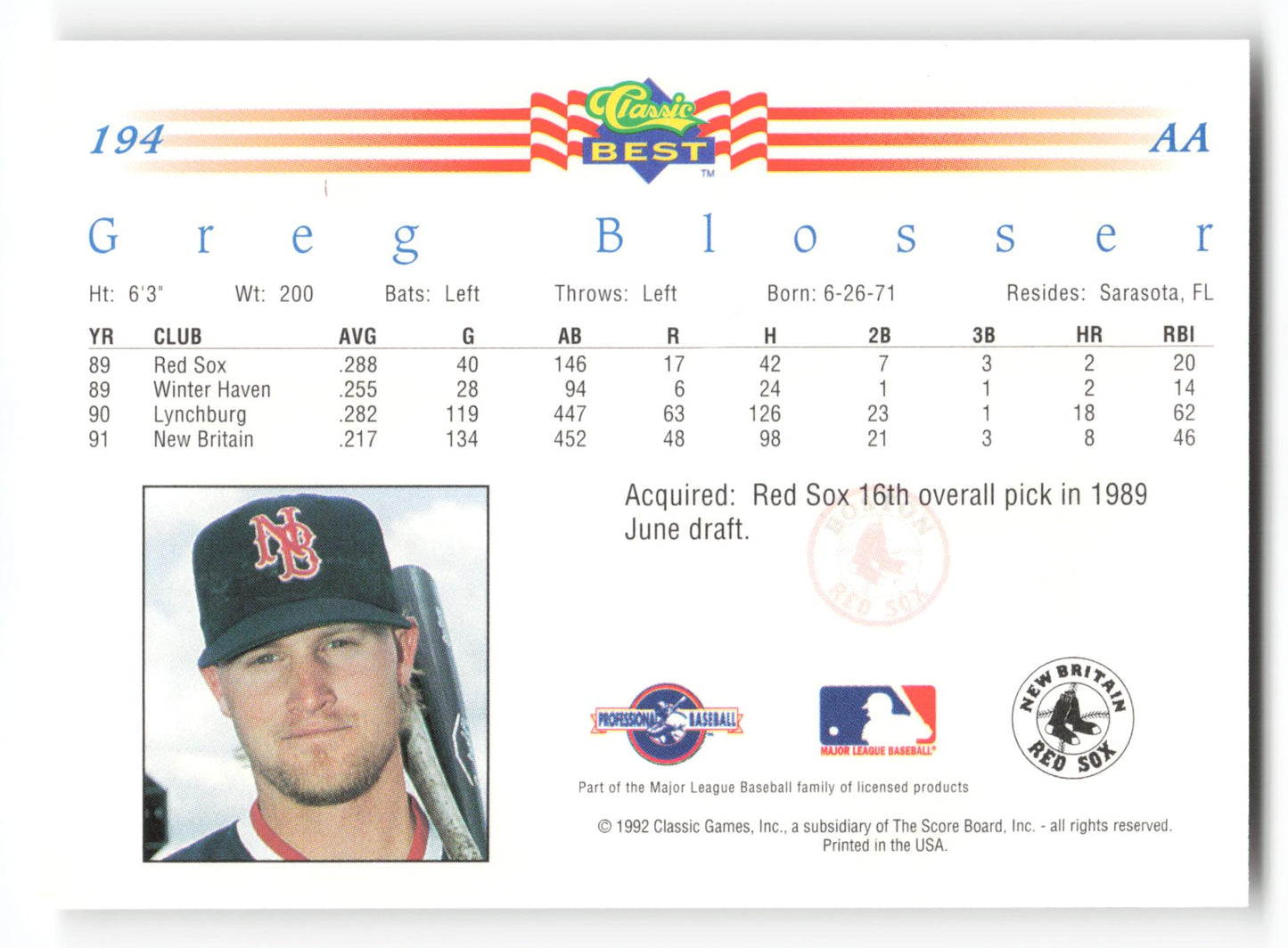 Greg Blosser - #194 - 1992 Classic Best - MLB
