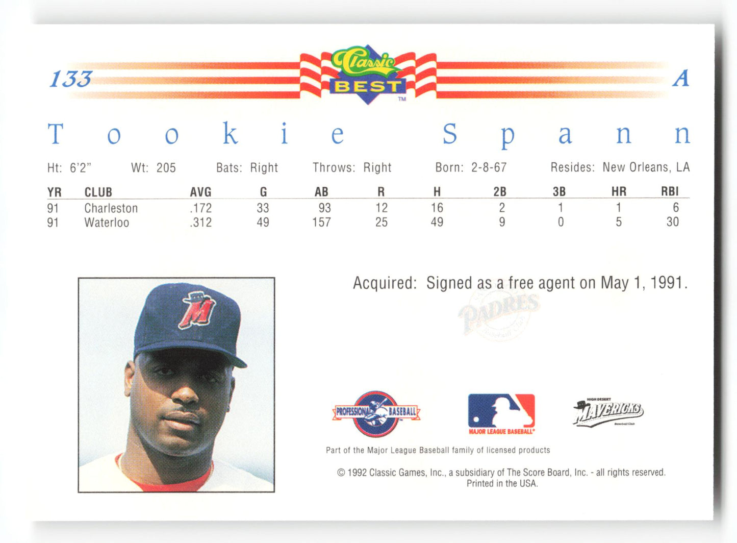 Tookie Spann - #133 - 1992 Classic Best - MLB