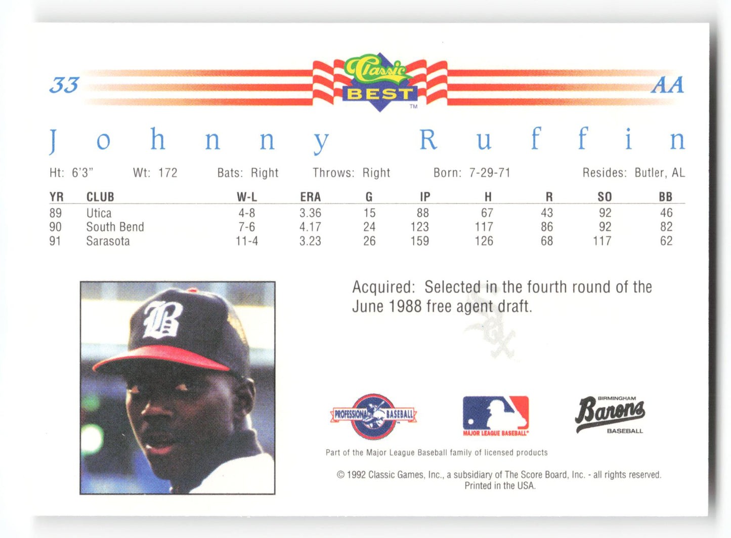 Johnny Ruffin - #33 - 1992 Classic Best - MLB