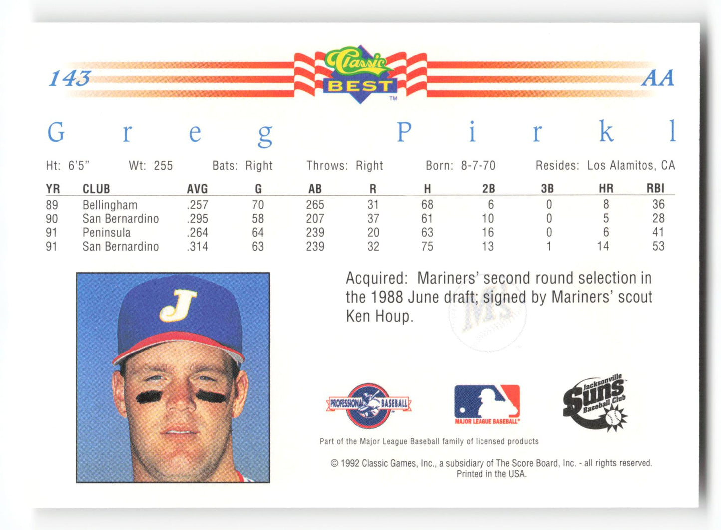 Greg Pirkl - #143 - 1992 Classic Best - MLB