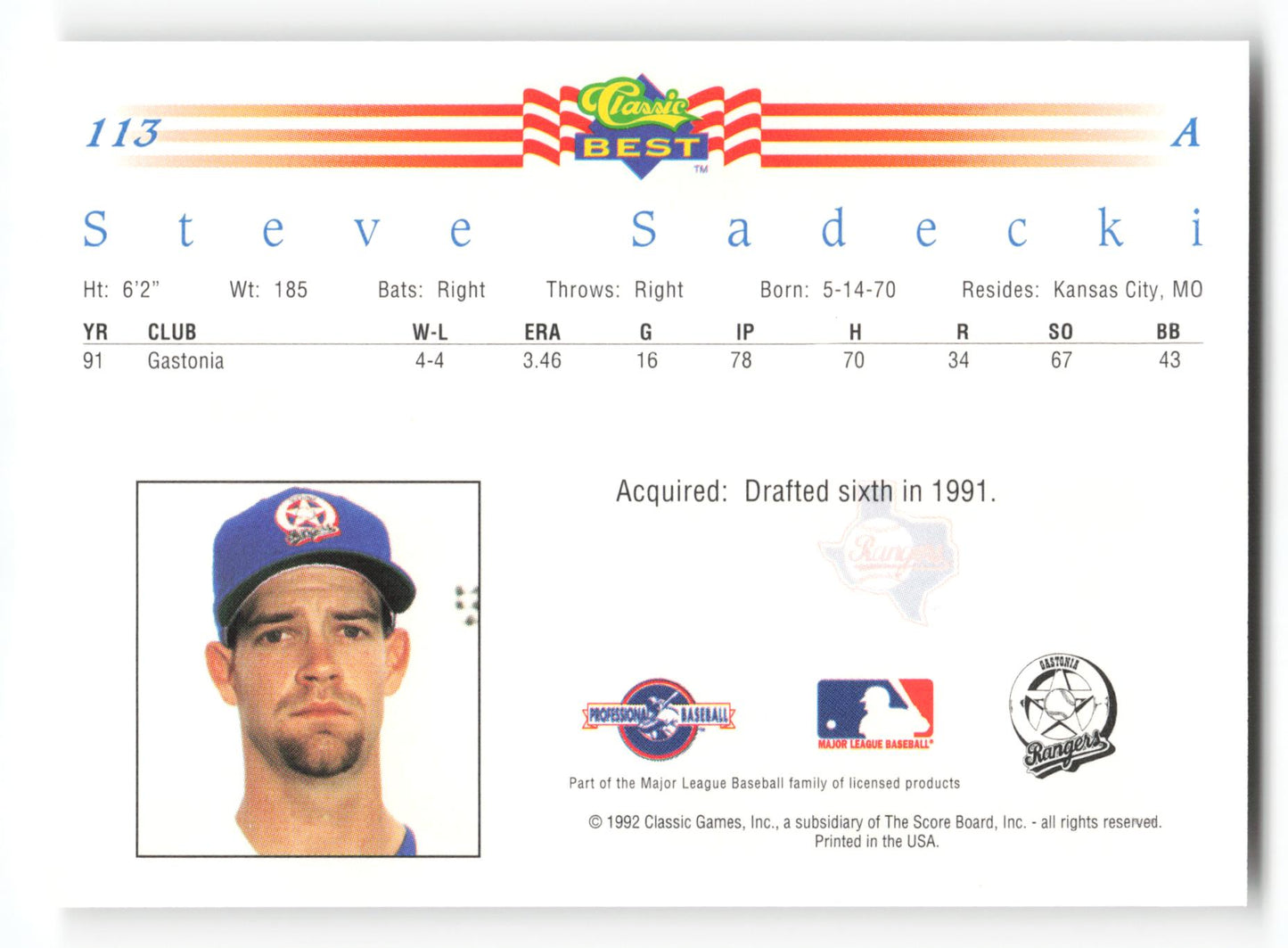 Steve Sadecki - #113 - 1992 Classic Best - MLB