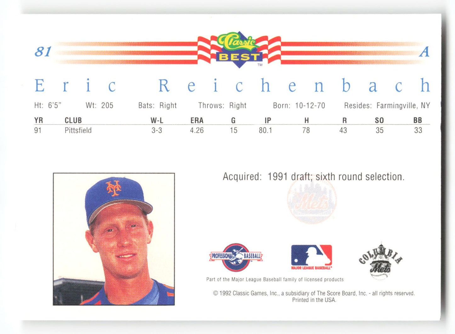 Eric Reichenbach - #81 - 1992 Classic Best - MLB