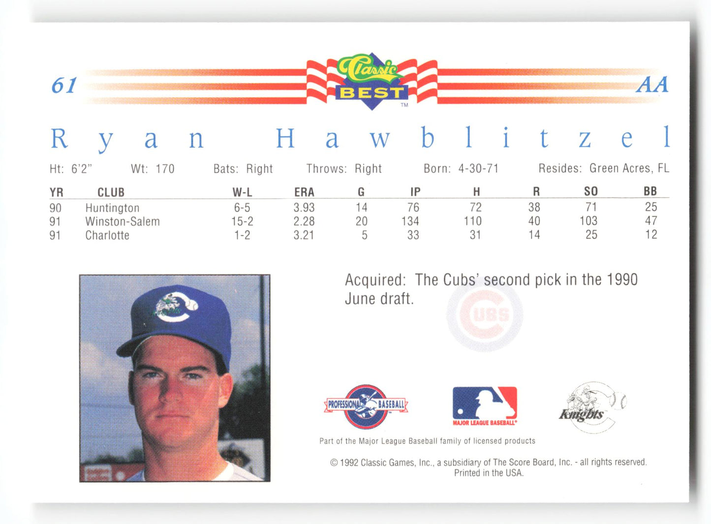 Ryan Hawblitzel - #61 - 1992 Classic Best - MLB