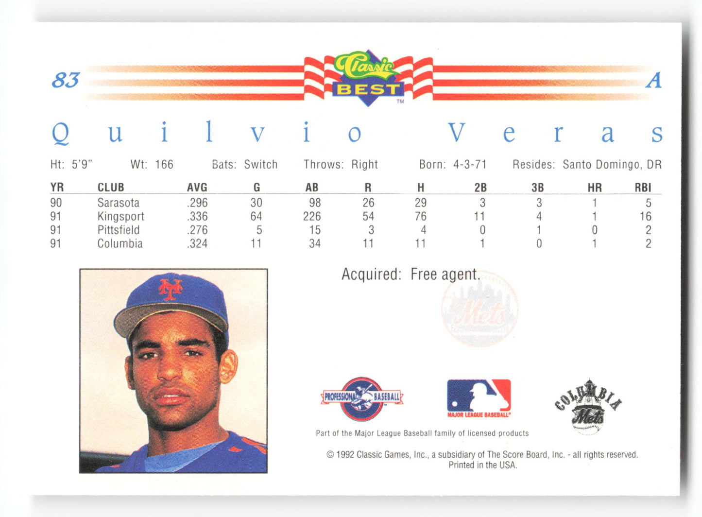 Quilvio Veras - #83 - 1992 Classic Best - MLB