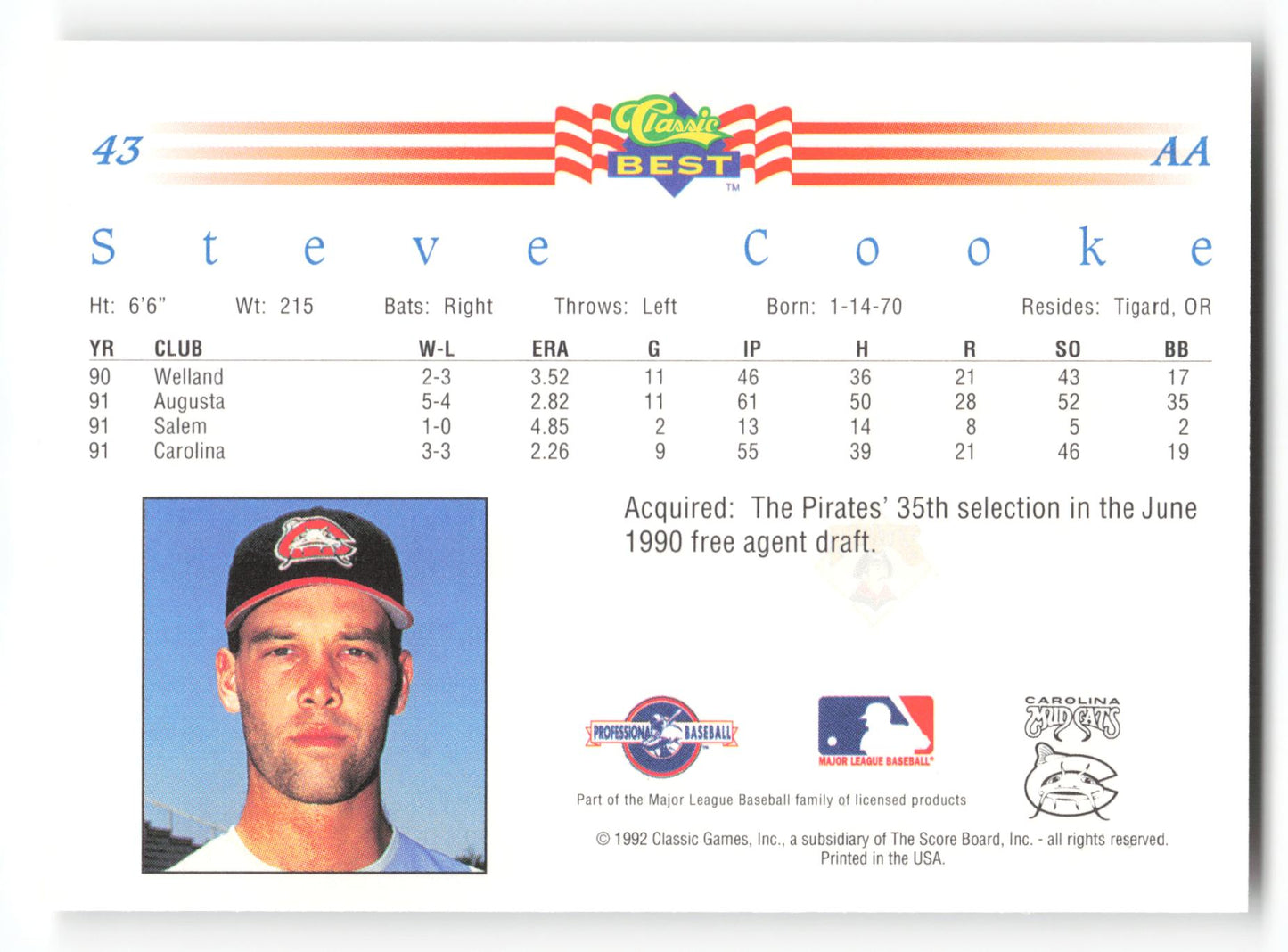 Steve Cooke - #43 - 1992 Classic Best - MLB
