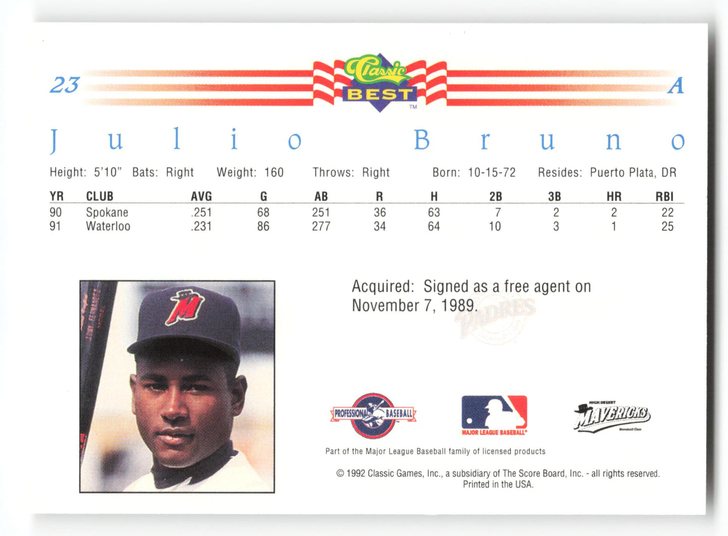 Julio Bruno - #23 - 1992 Classic Best - MLB