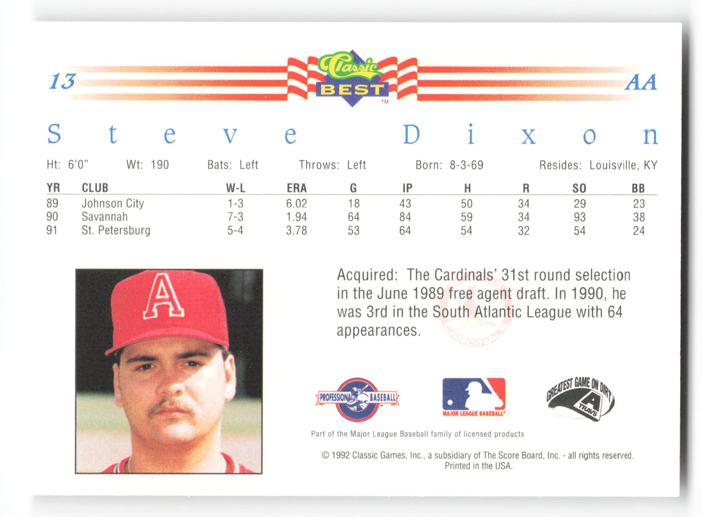 Steve Dixon - #13 - 1992 Classic Best - MLB