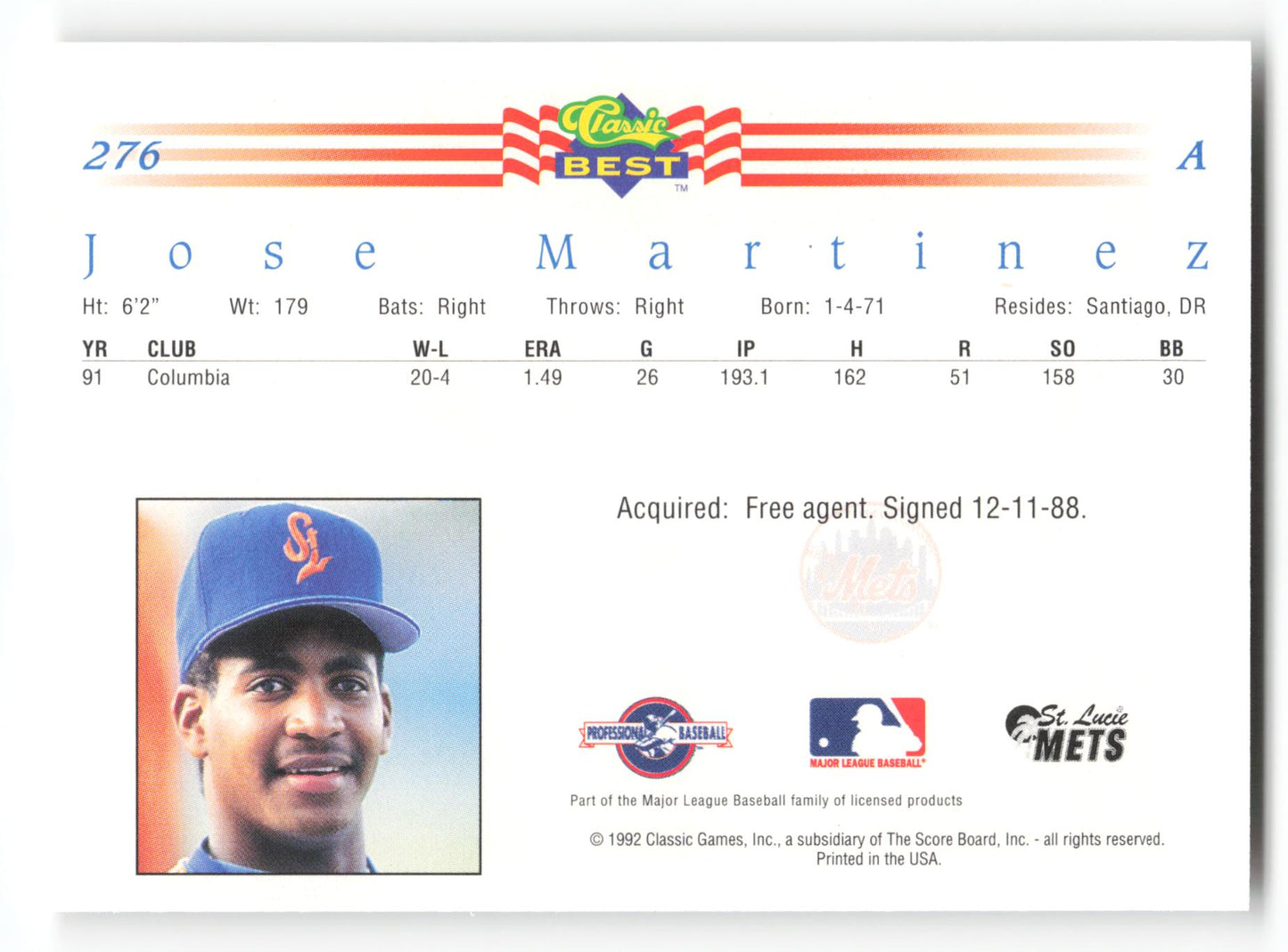 Jose Martinez - #276 - 1992 Classic Best - MLB