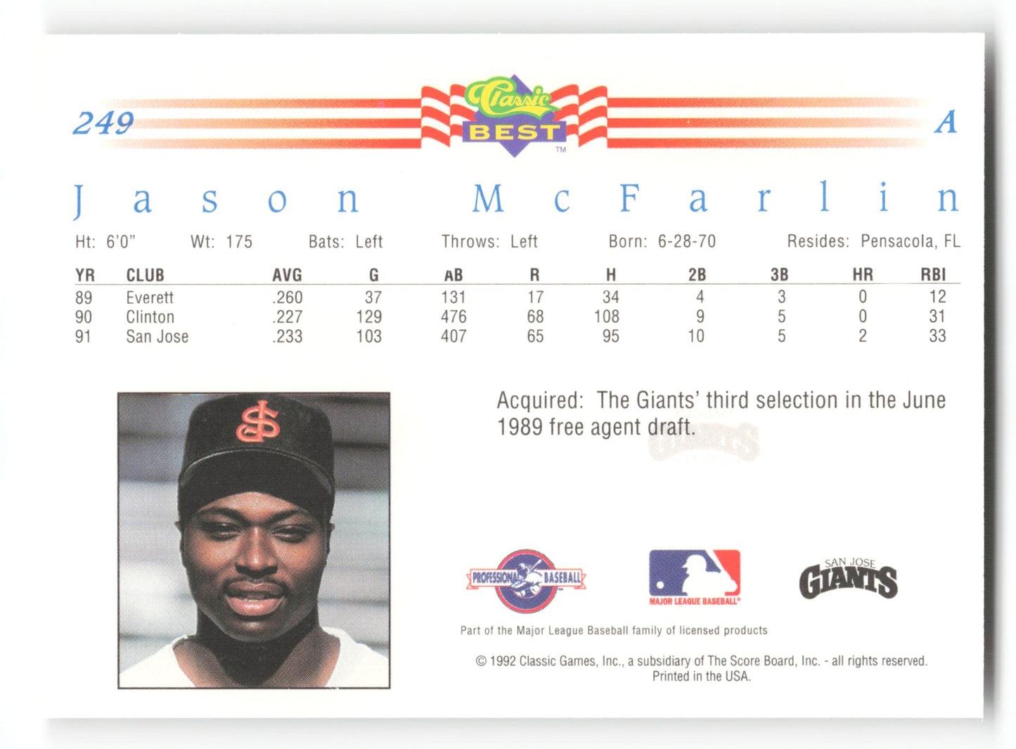 Jason McFarlin - #249 - 1992 Classic Best - MLB