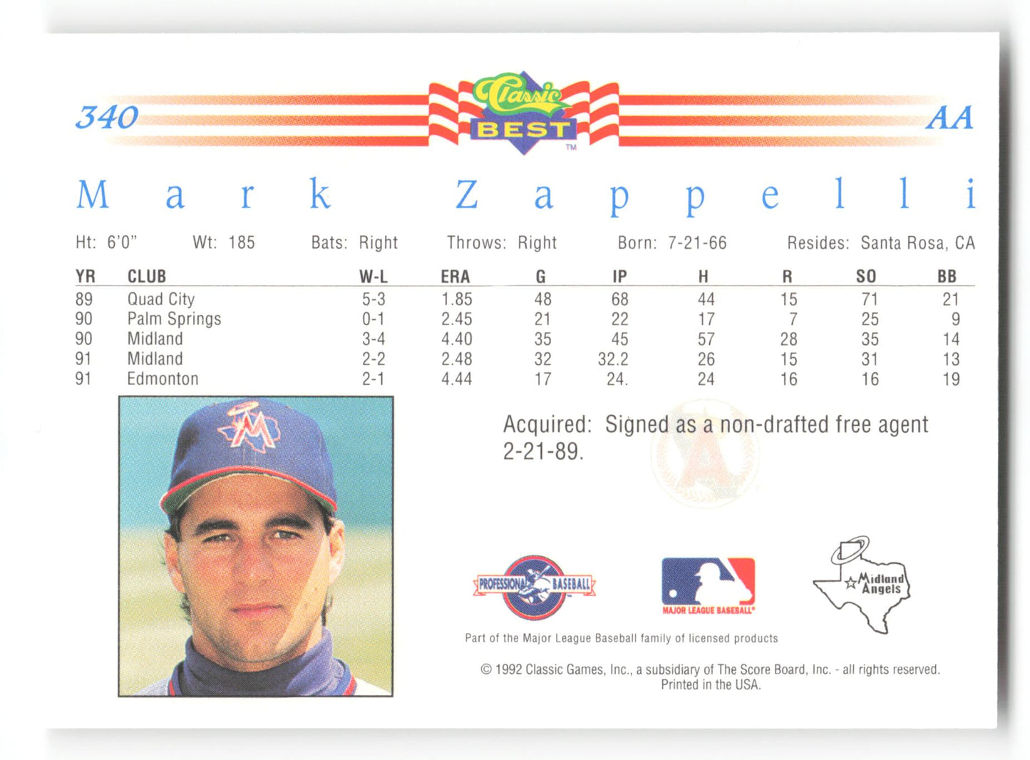 Mark Zappelli - #340 - 1992 Classic Best - MLB