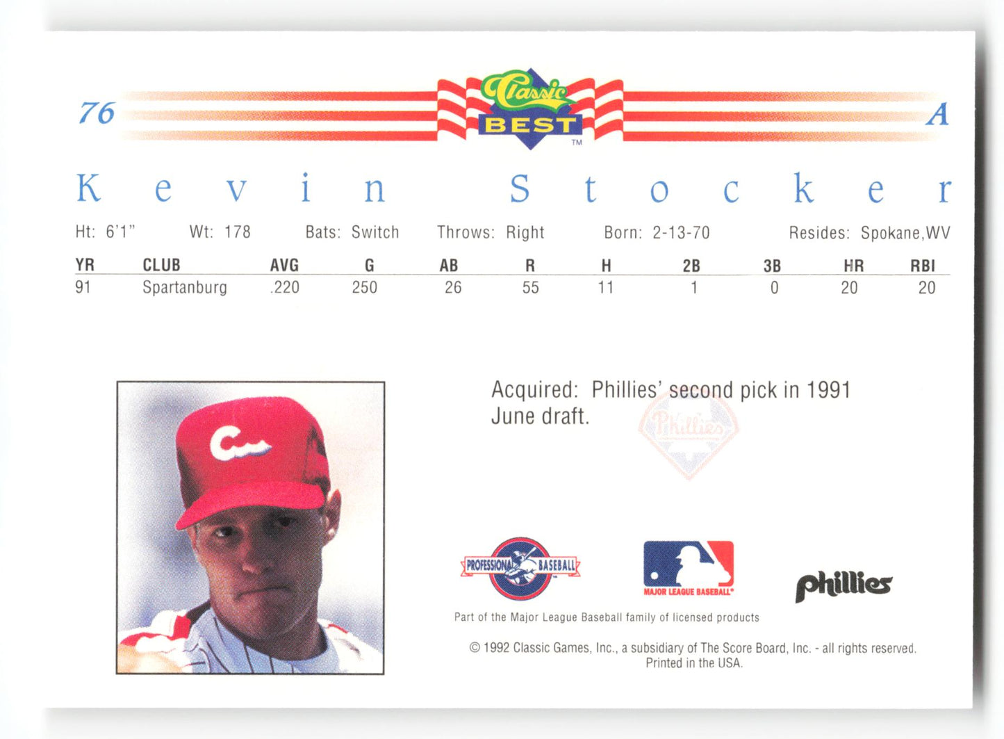 Kevin Stocker - #76 - 1992 Classic Best - MLB