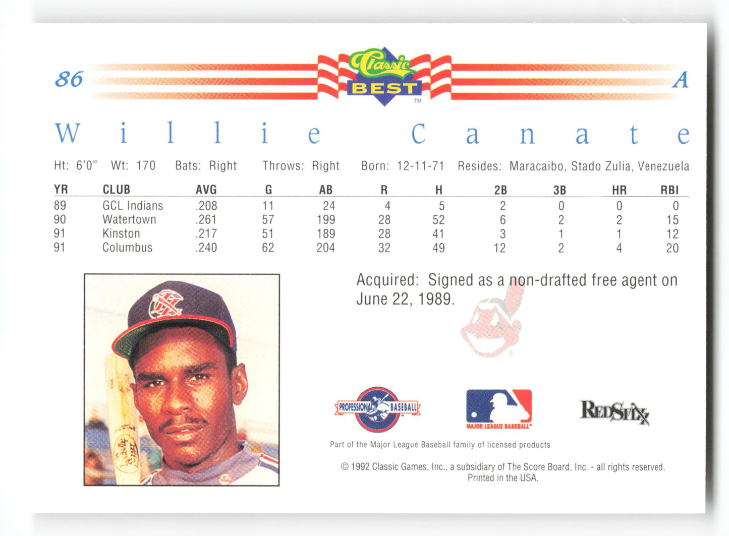 Willie Canate - #86 - 1992 Classic Best - MLB