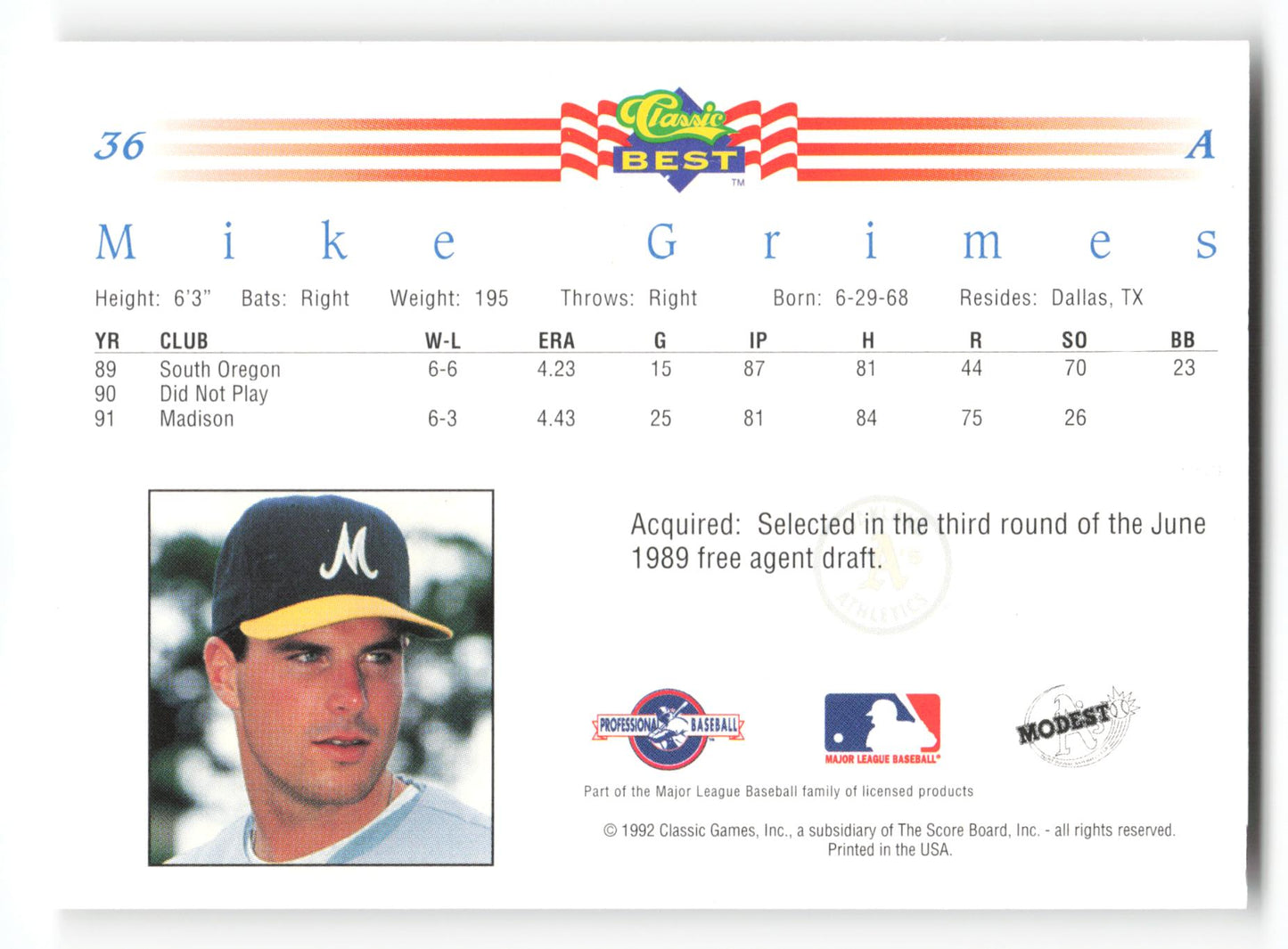 Mike Grimes - #36 - 1992 Classic Best - MLB