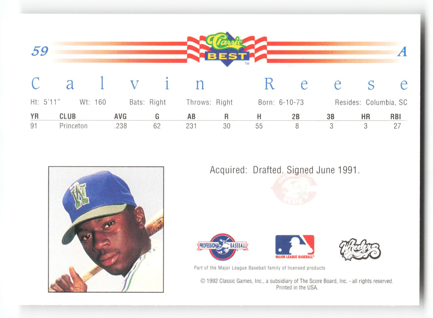 Calvin Reese - #59 - 1992 Classic Best - MLB