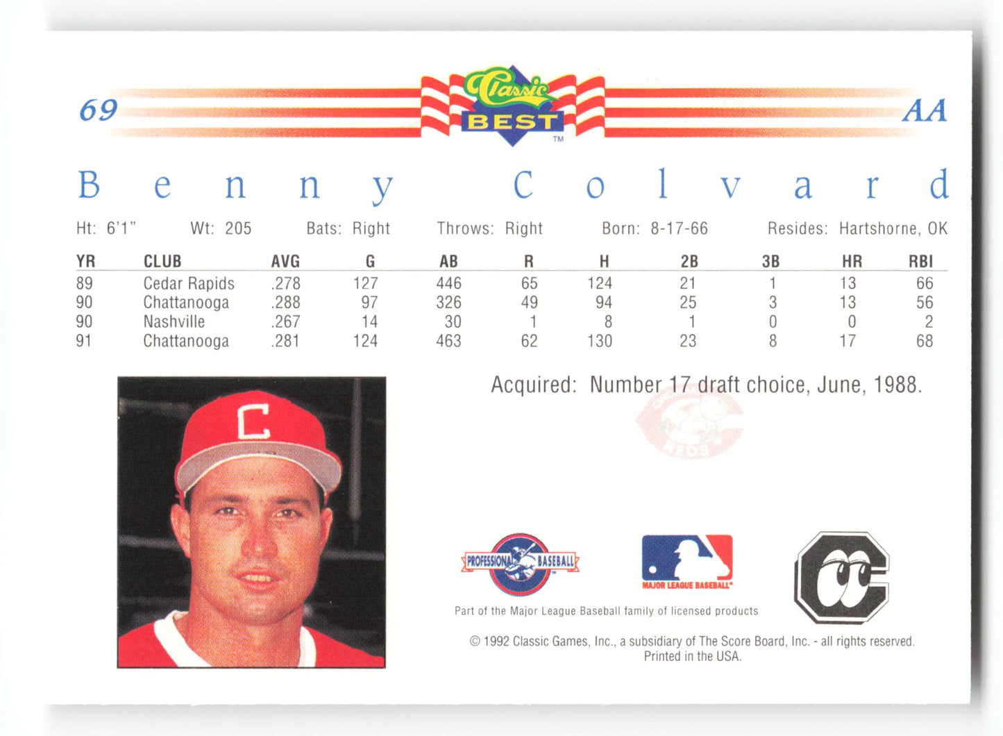 Benny Colvard - #69 - 1992 Classic Best - MLB