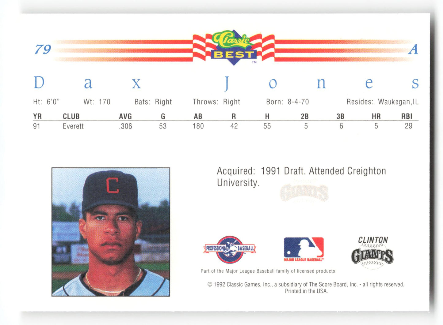 Dax Jones - #79 - 1992 Classic Best - MLB