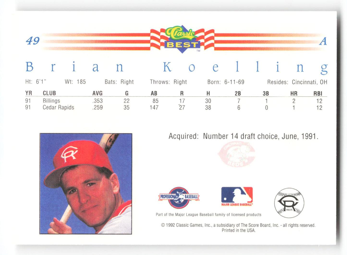 Brian Koelling - #49 - 1992 Classic Best - MLB