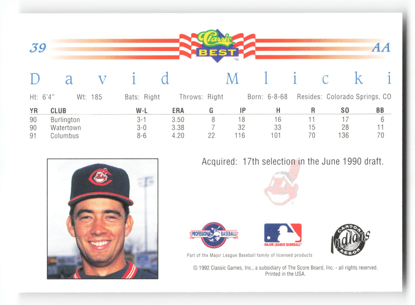 David Mlicki - #39 - 1992 Classic Best - MLB