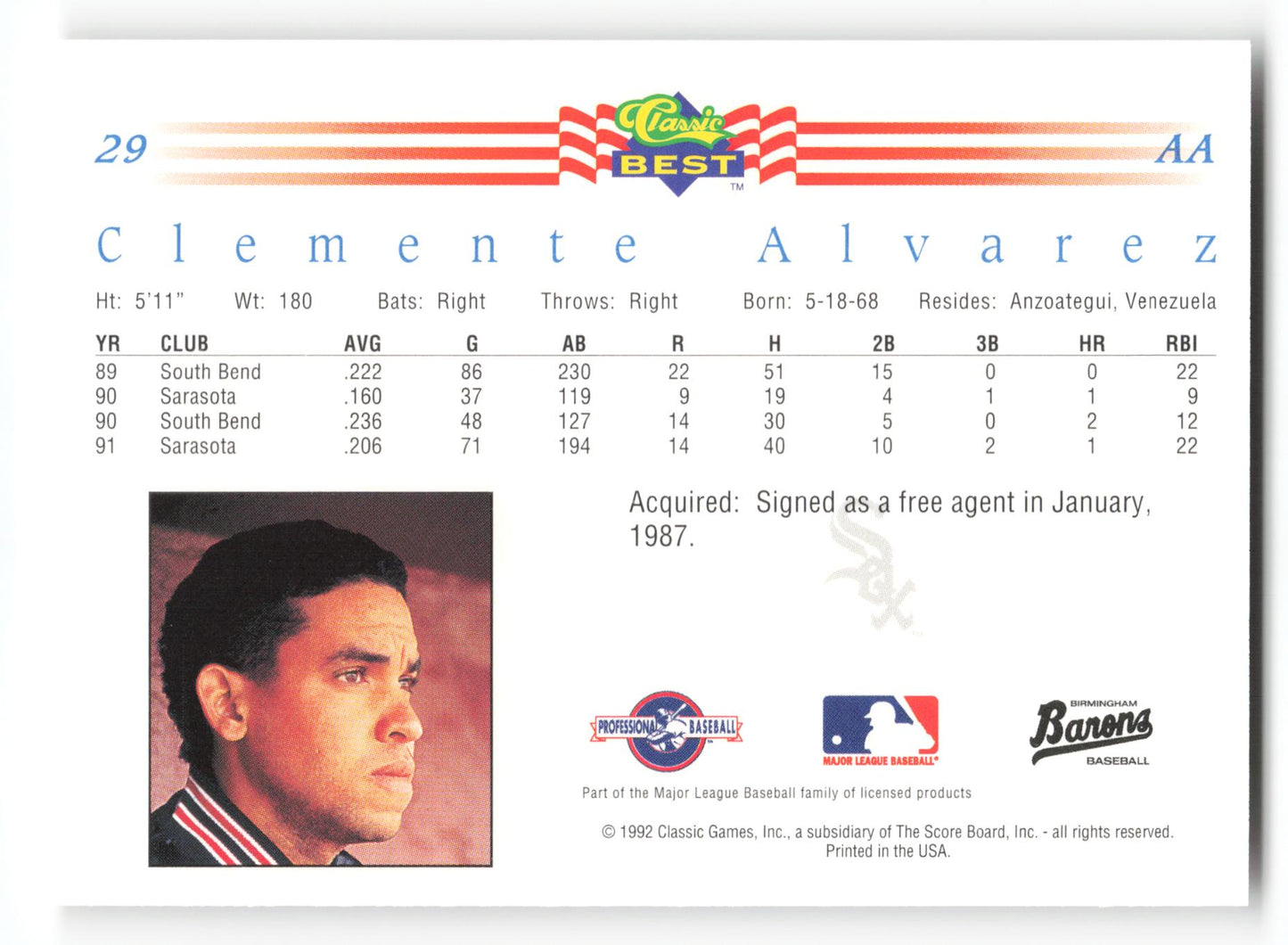 Clemente Alvarez - #29 - 1992 Classic Best - MLB