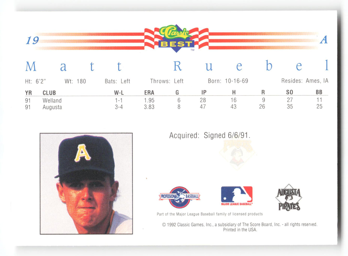 Matt Ruebel - #19 - 1992 Classic Best - MLB