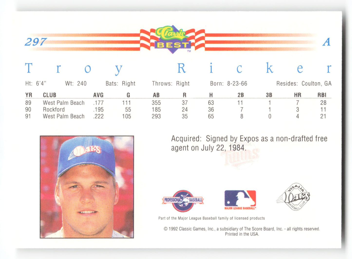Troy Ricker - #297 - 1992 Classic Best - MLB