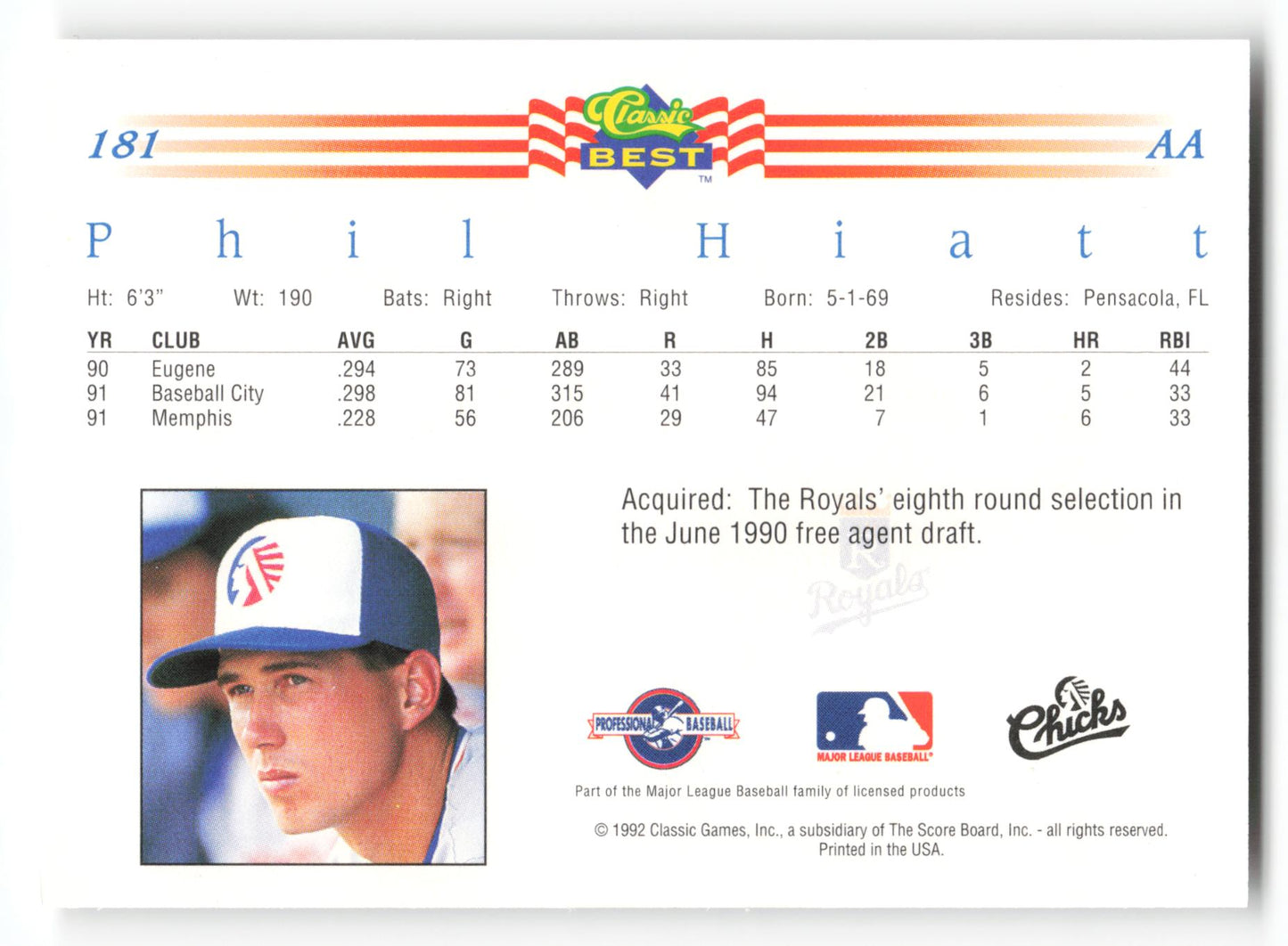 Phil Hiatt - #181 - 1992 Classic Best - MLB