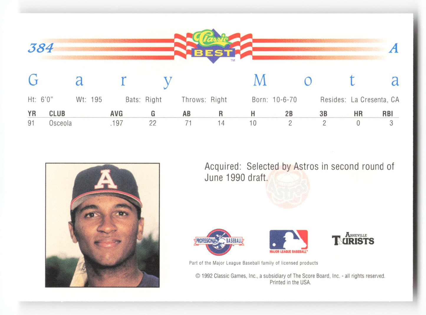 Gary Mota - #384 - 1992 Classic Best - MLB