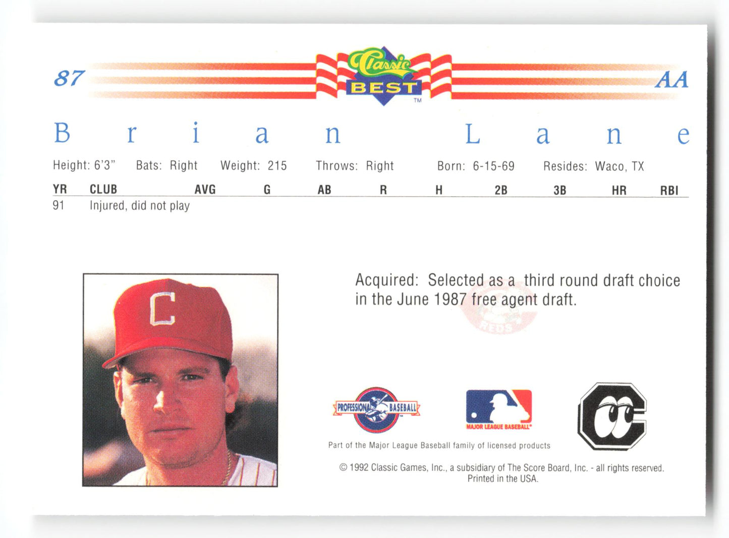 Brian Lane - #87 - 1992 Classic Best - MLB