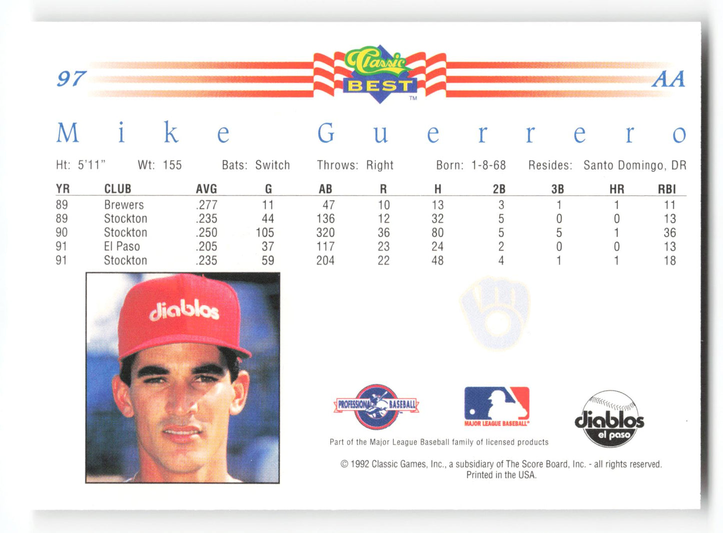 Mike Guerrero - #97 - 1992 Classic Best - MLB
