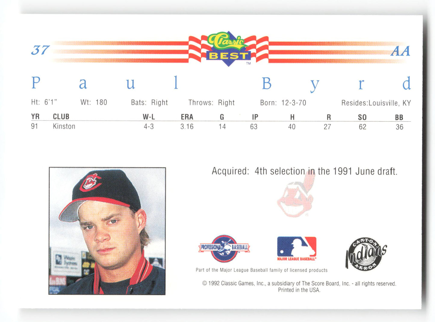Paul Byrd - #37 - 1992 Classic Best - MLB
