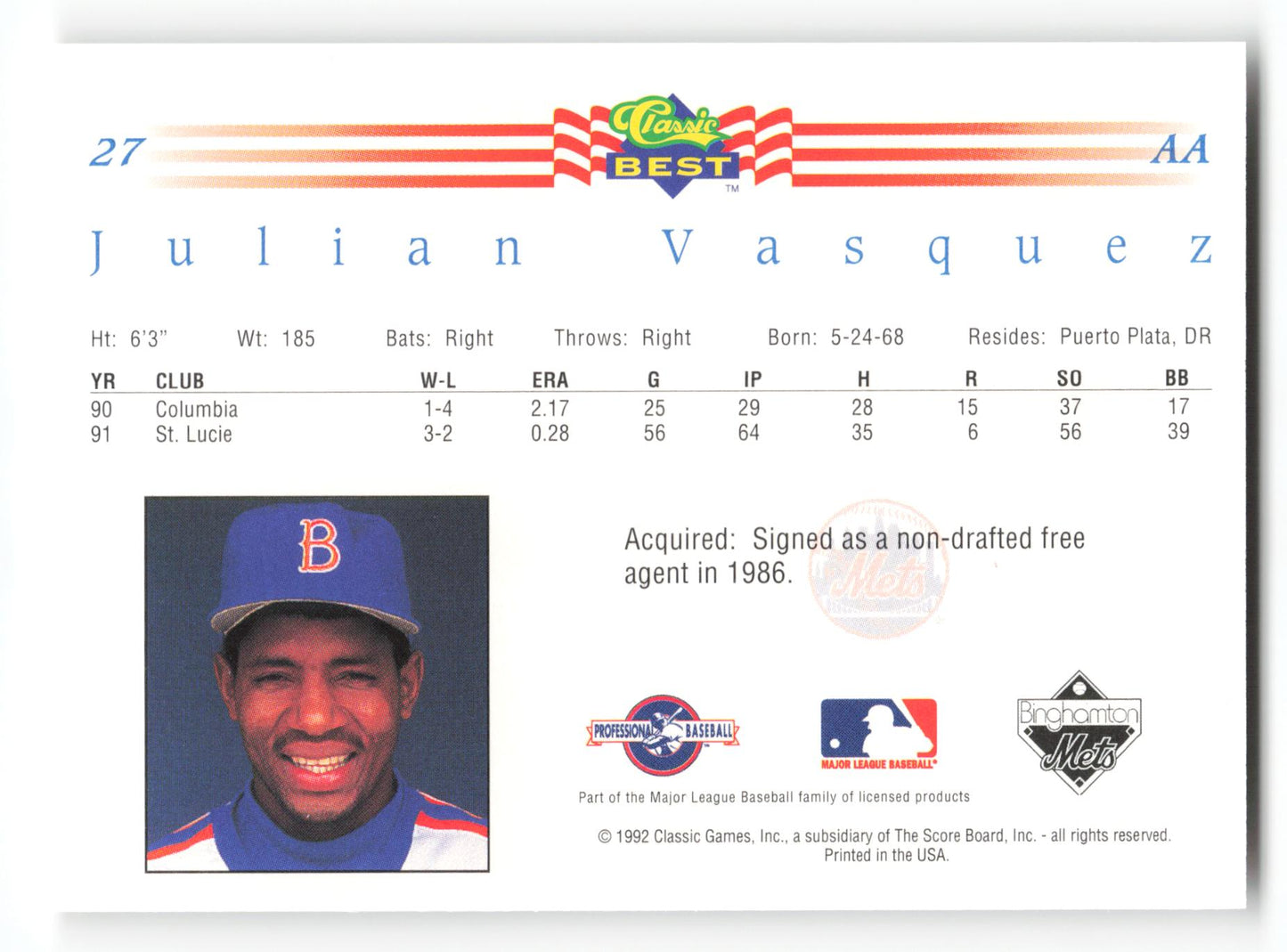 Julian Vasquez - #27 - 1992 Classic Best - MLB