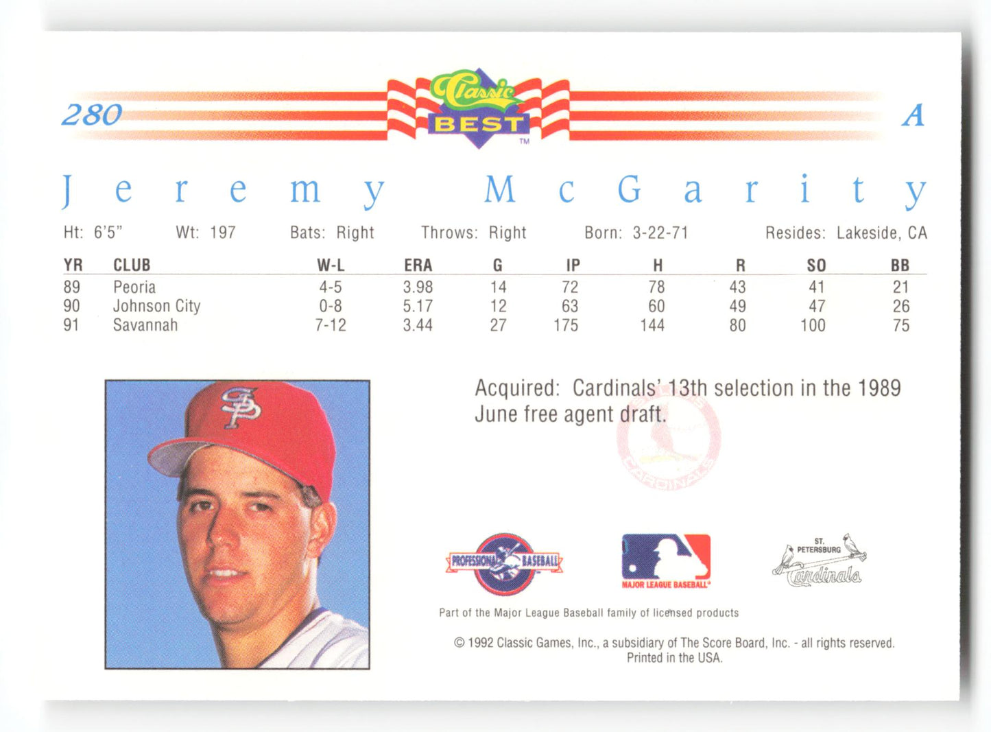 Jeremy McGarity - #280 - 1992 Classic Best - MLB