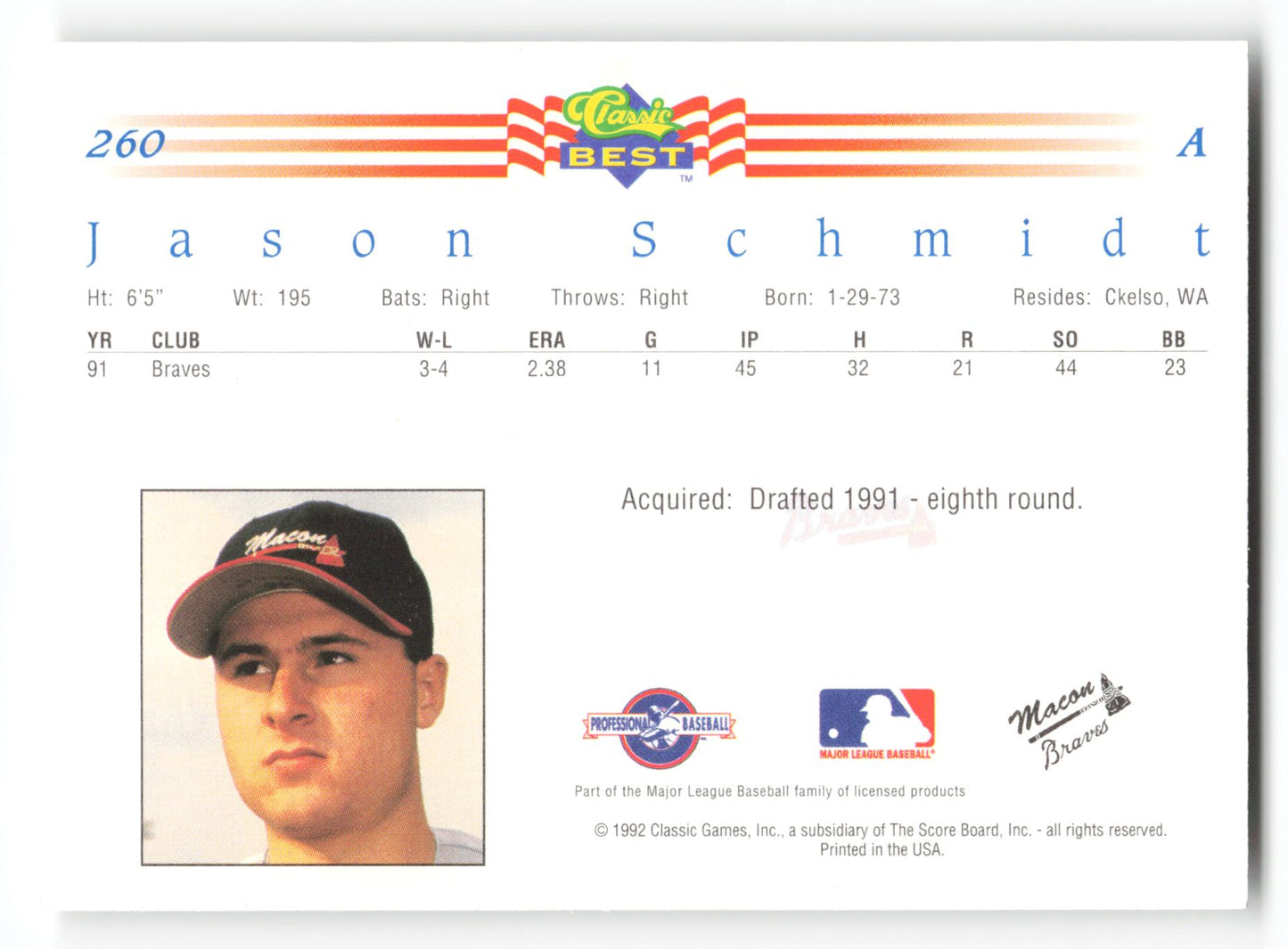 Jason Schmidt - #260 - 1992 Classic Best - MLB