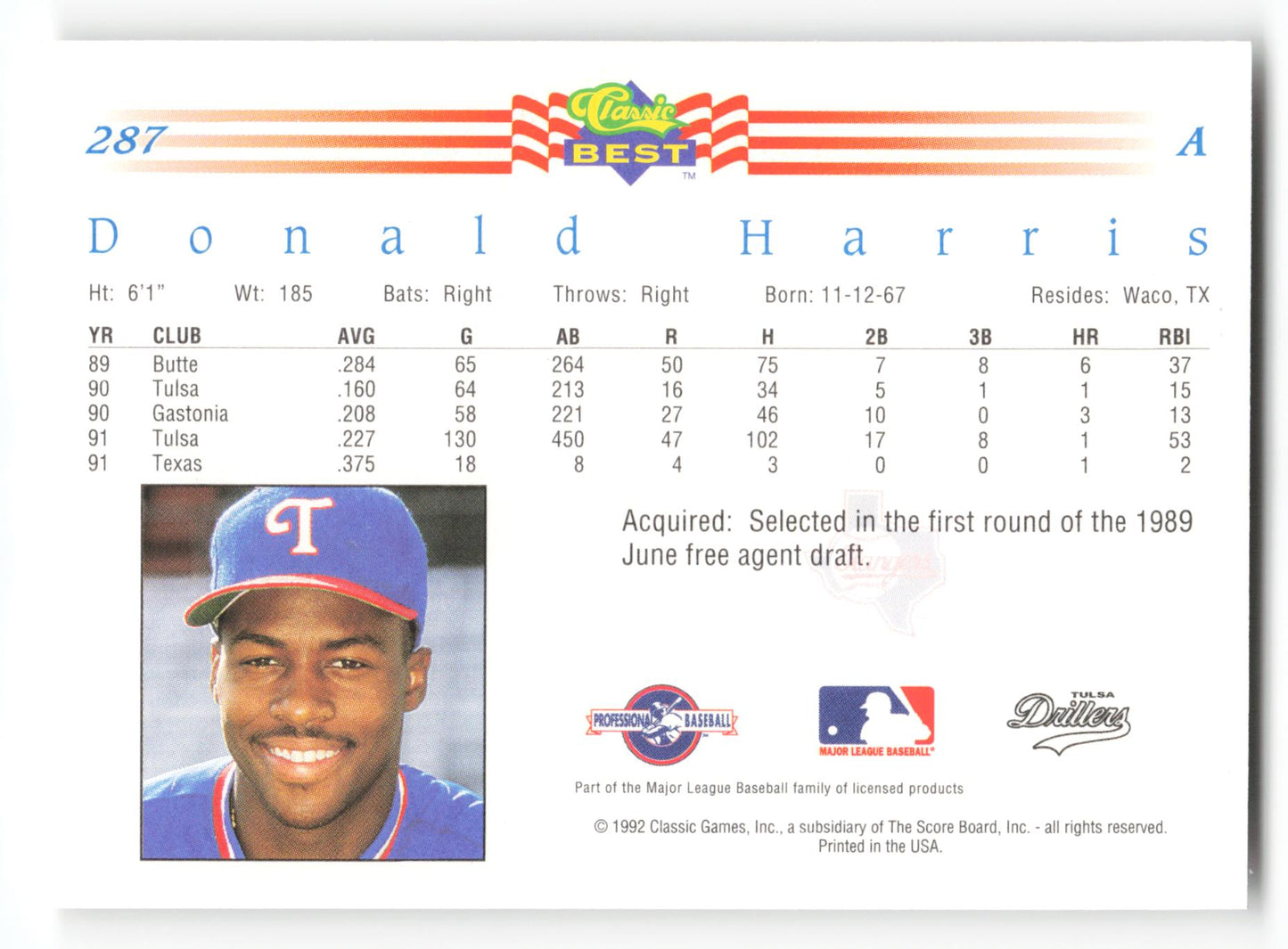 Donald Harris - #287 - 1992 Classic Best - MLB