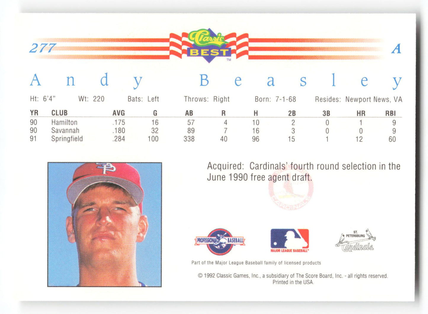 Andy Beasley - #277 - 1992 Classic Best - MLB