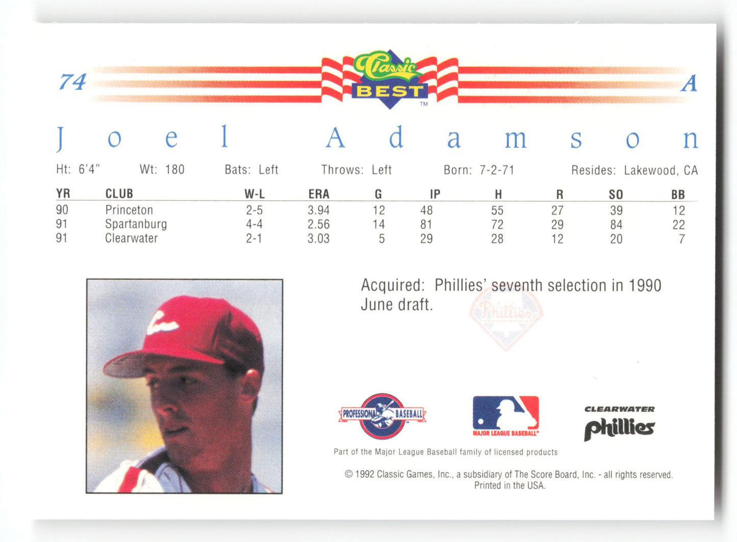 Joel Adamson - #74 - 1992 Classic Best - MLB
