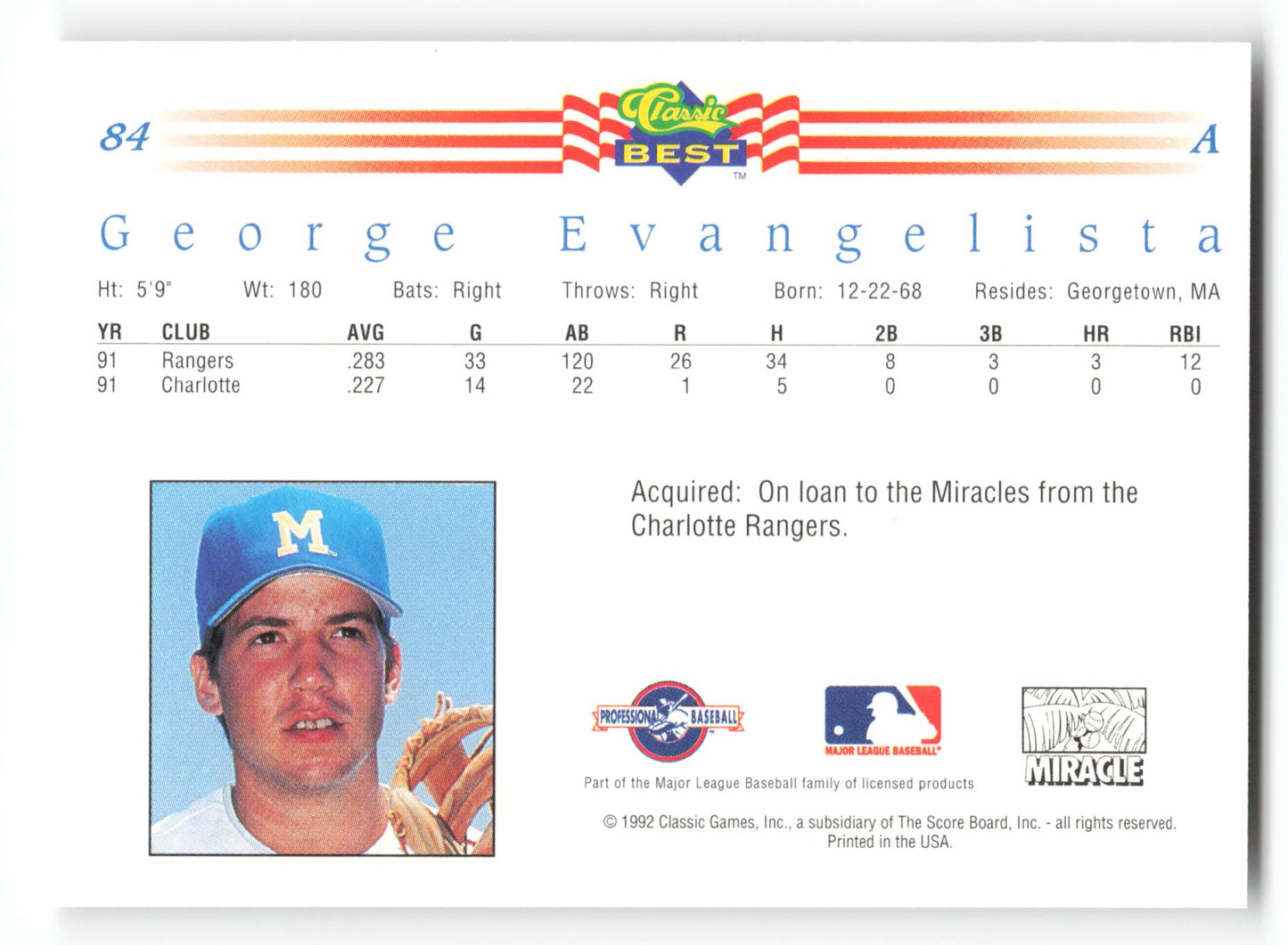 George Evangelista - #84 - 1992 Classic Best - MLB