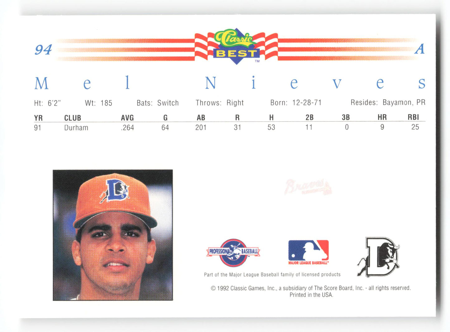 Mel Nieves - #94 - 1992 Classic Best - MLB
