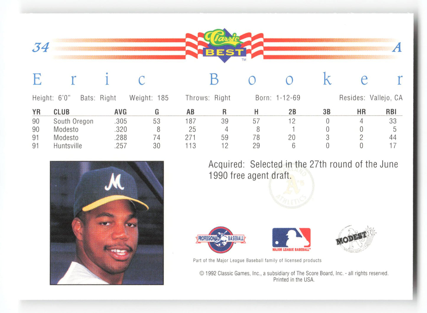 Eric Booker - #34 - 1992 Classic Best - MLB