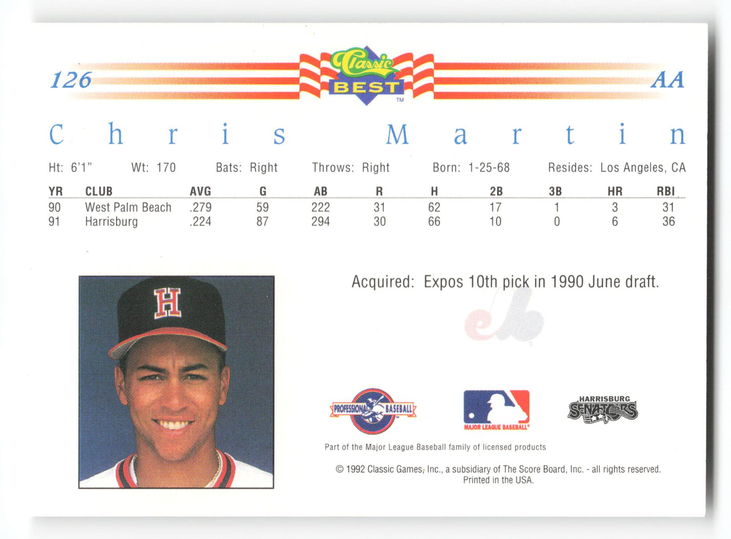 Chris Martin - #126 - 1992 Classic Best - MLB