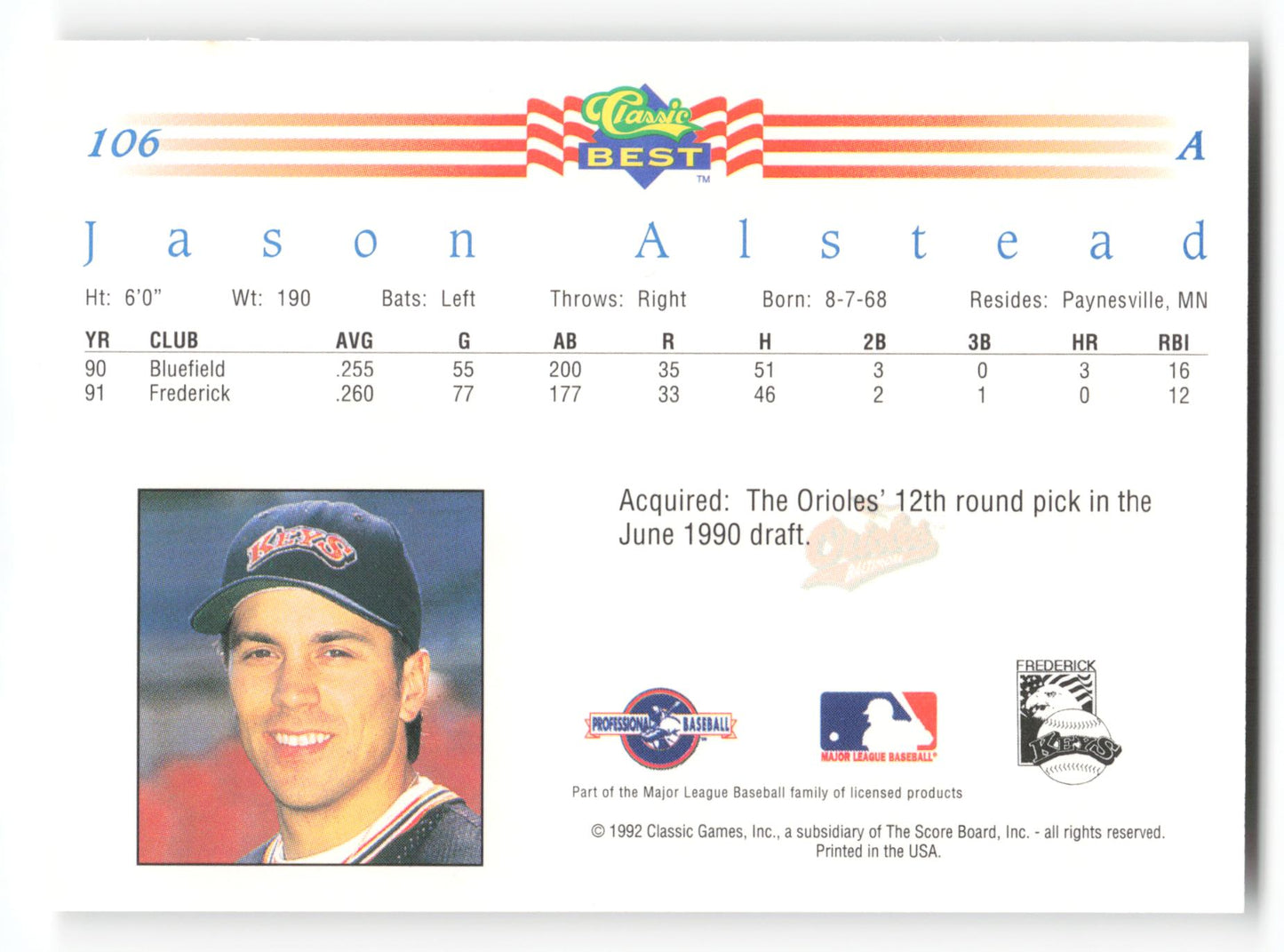 Jason Alstead - #106 - 1992 Classic Best - MLB