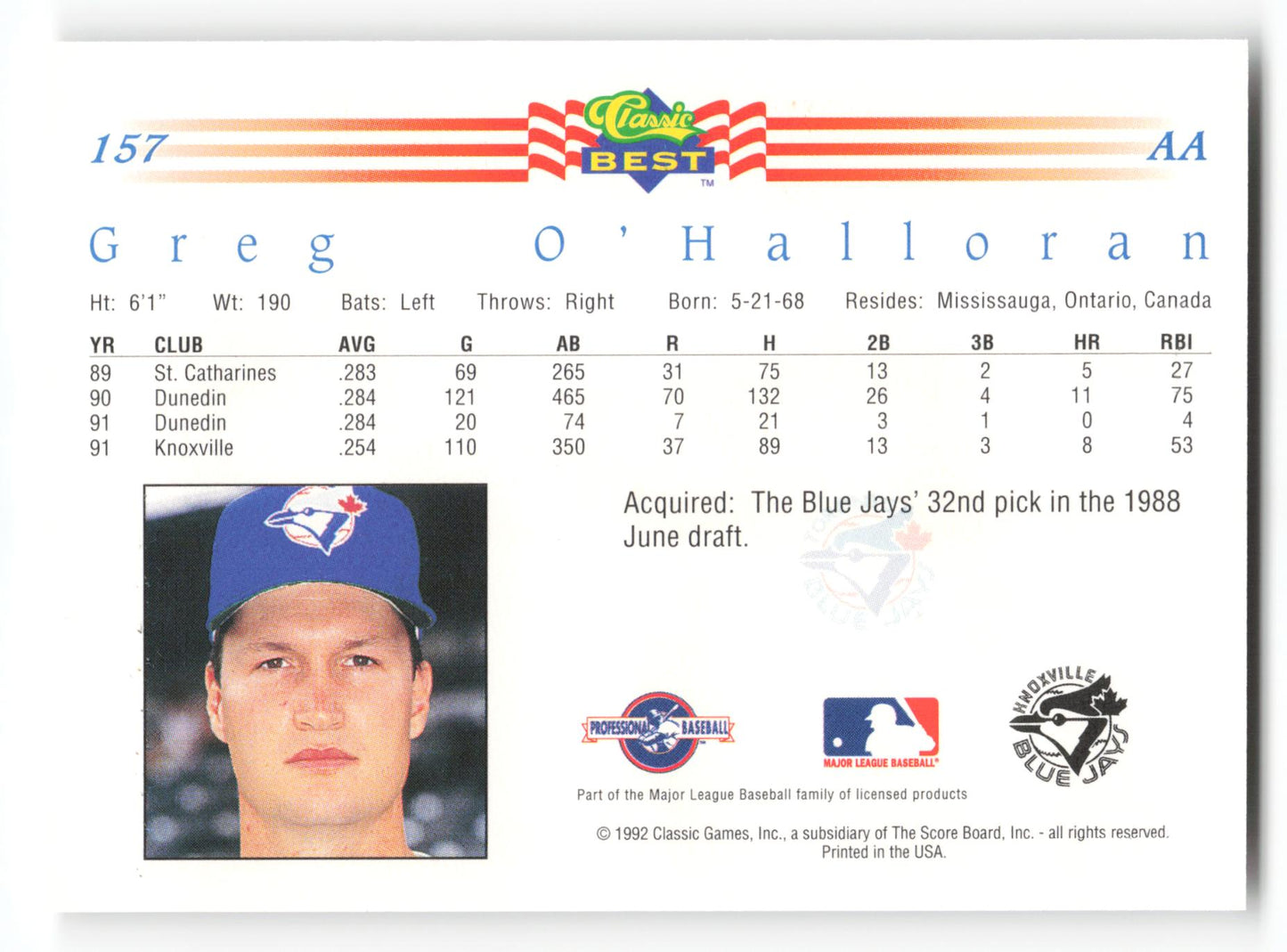 Greg O'Halloran - #157 - 1992 Classic Best - MLB