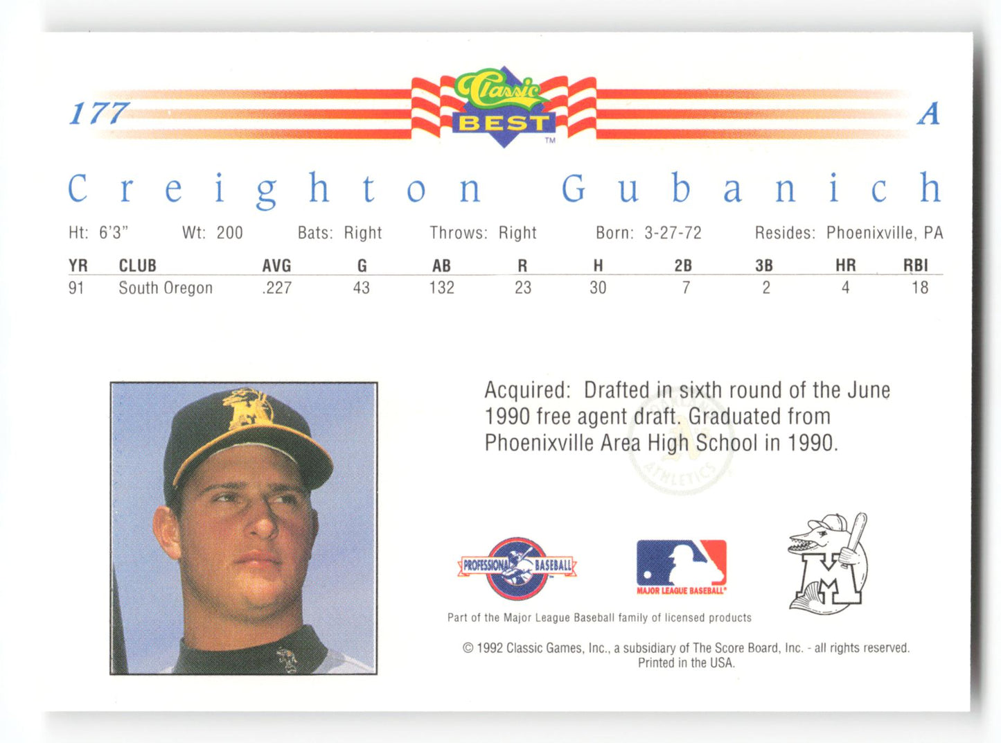 Creighton Gubanich - #177 - 1992 Classic Best - MLB