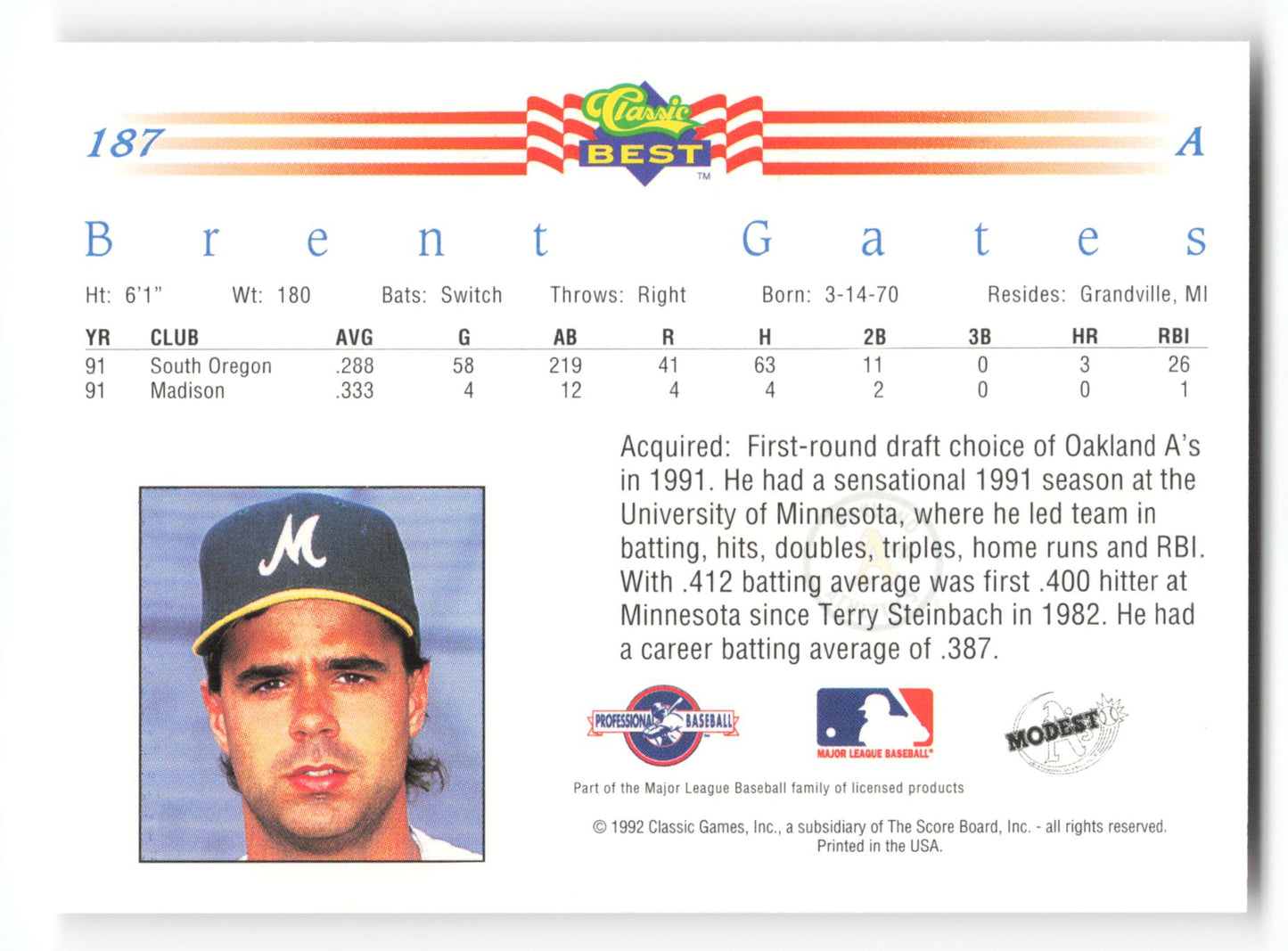 Brent Gates - #187 - 1992 Classic Best - MLB
