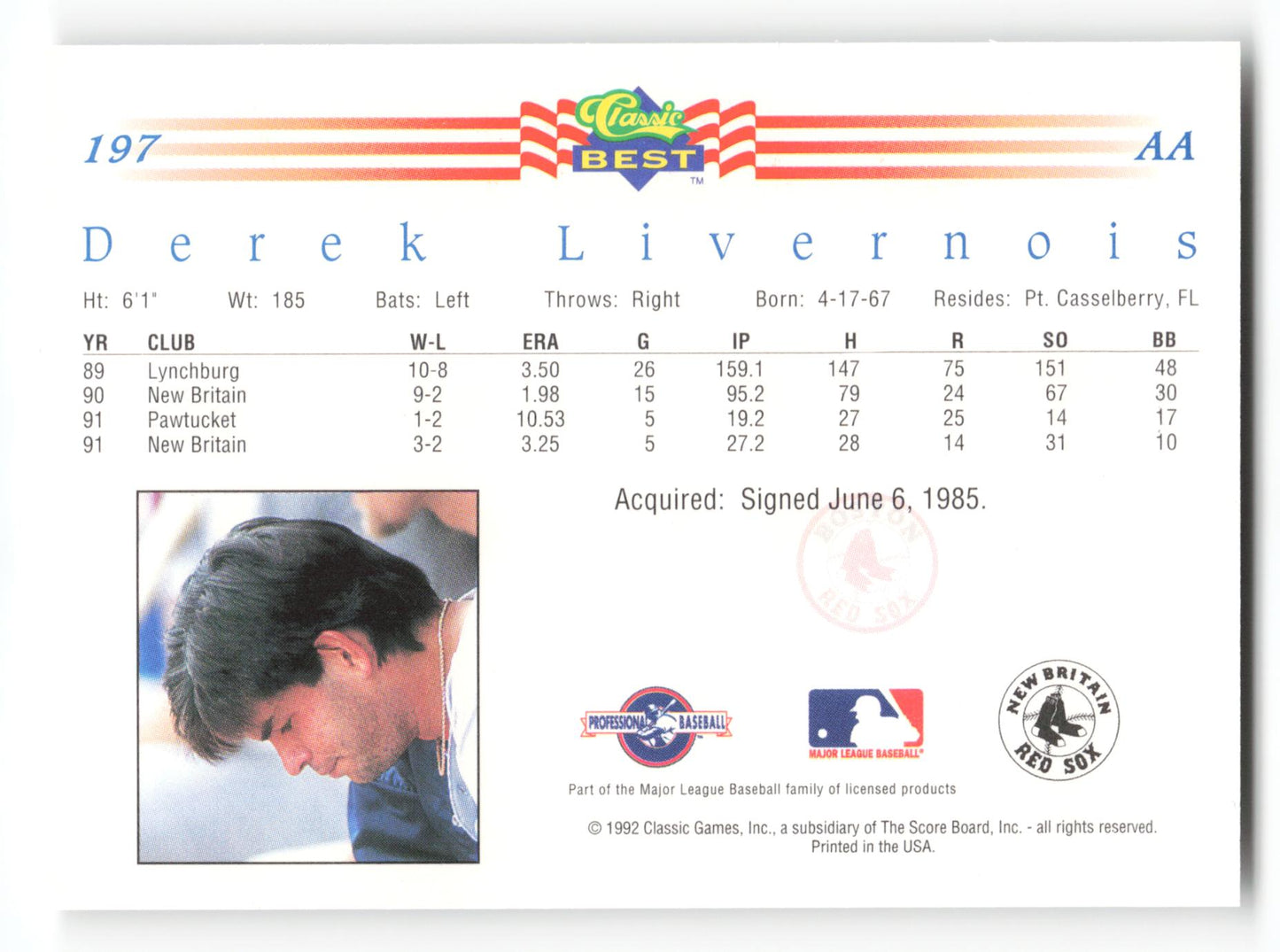 Derek Livernois - #197 - 1992 Classic Best - MLB