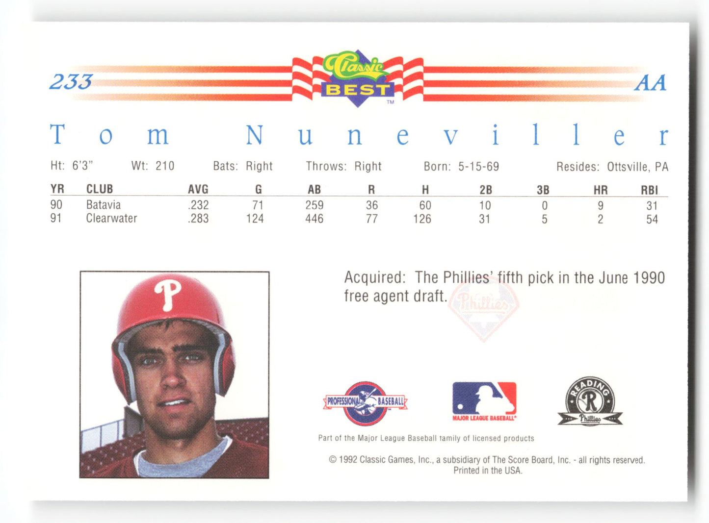 Tom Nuneviller - #233 - 1992 Classic Best - MLB