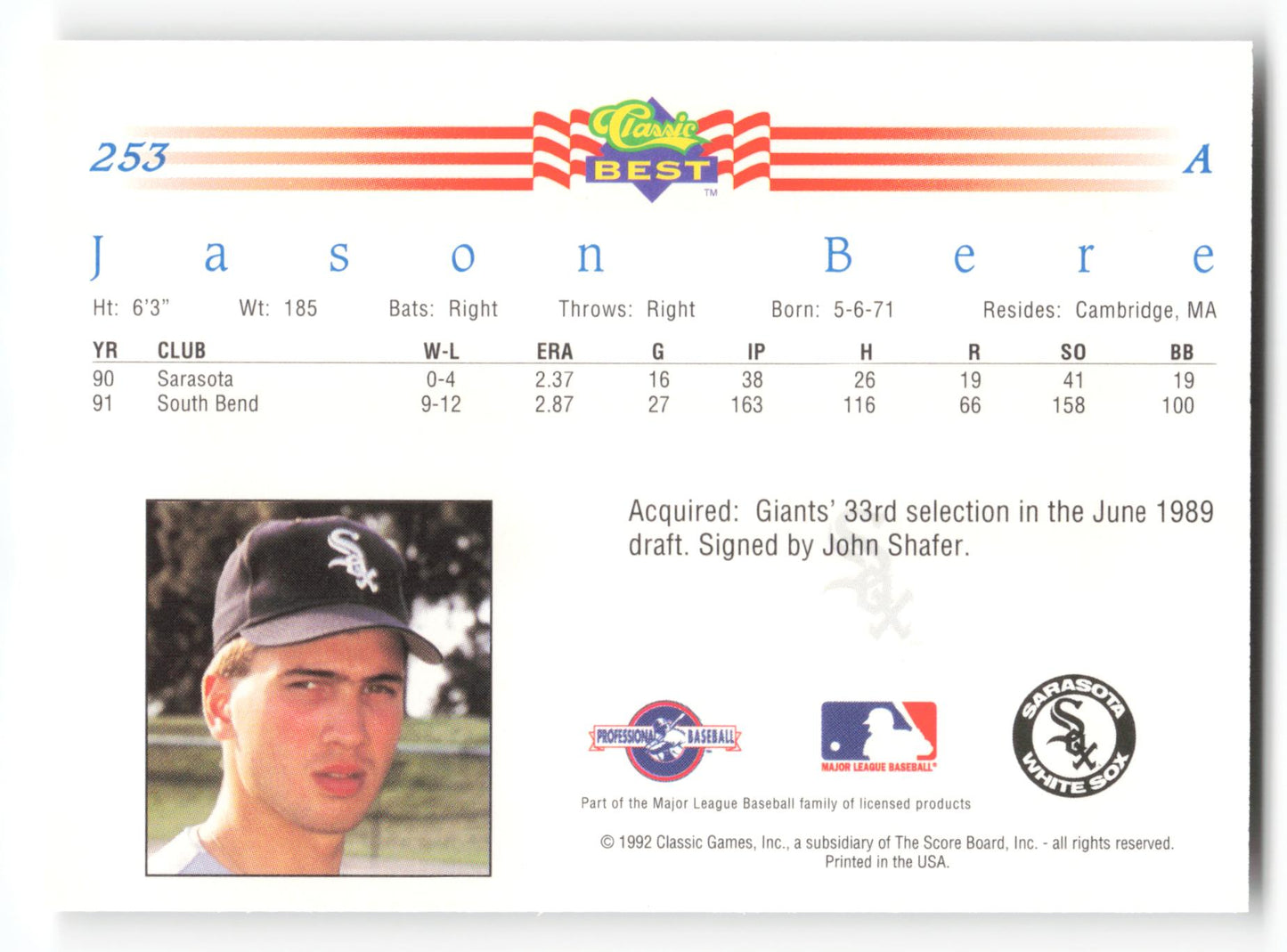 Jason Bere - #253 - 1992 Classic Best - MLB